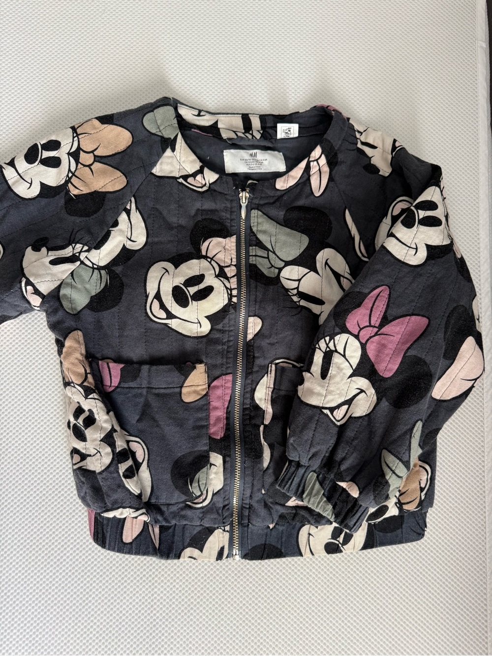 H&M Girls Black Minnie Mouse Puffer Jacket with Pink and Cream Accents